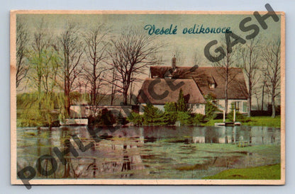 Pohlednice Venkovský dům u rybníka ČSR 1950 (M1601)