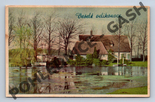 Pohlednice Venkovský dům u rybníka ČSR 1950 (M1601)