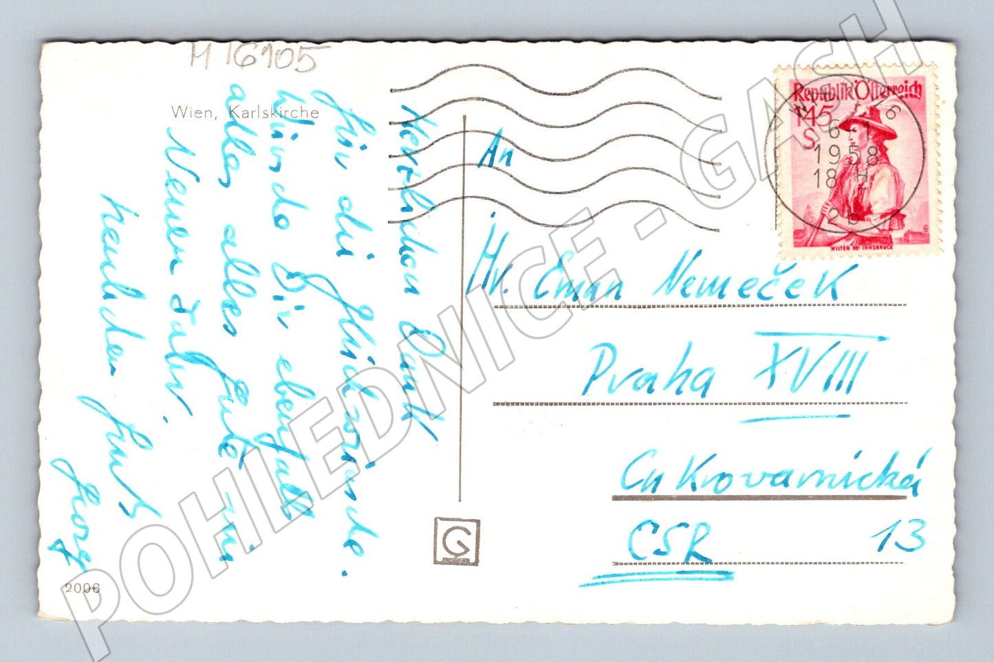 Pohlednice Vídeň Karlskirche zaslaná 1945 (M16105)