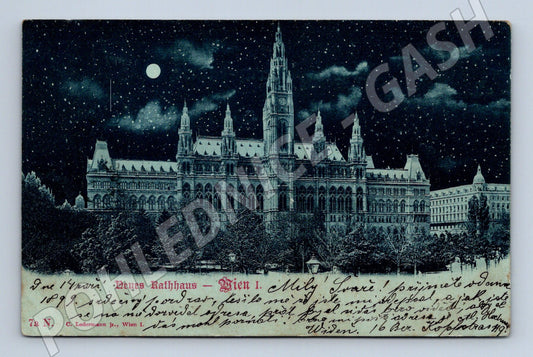 Pohlednice Vídeň Neues Rathaus zimní noční 1899 prošlá (M16302)