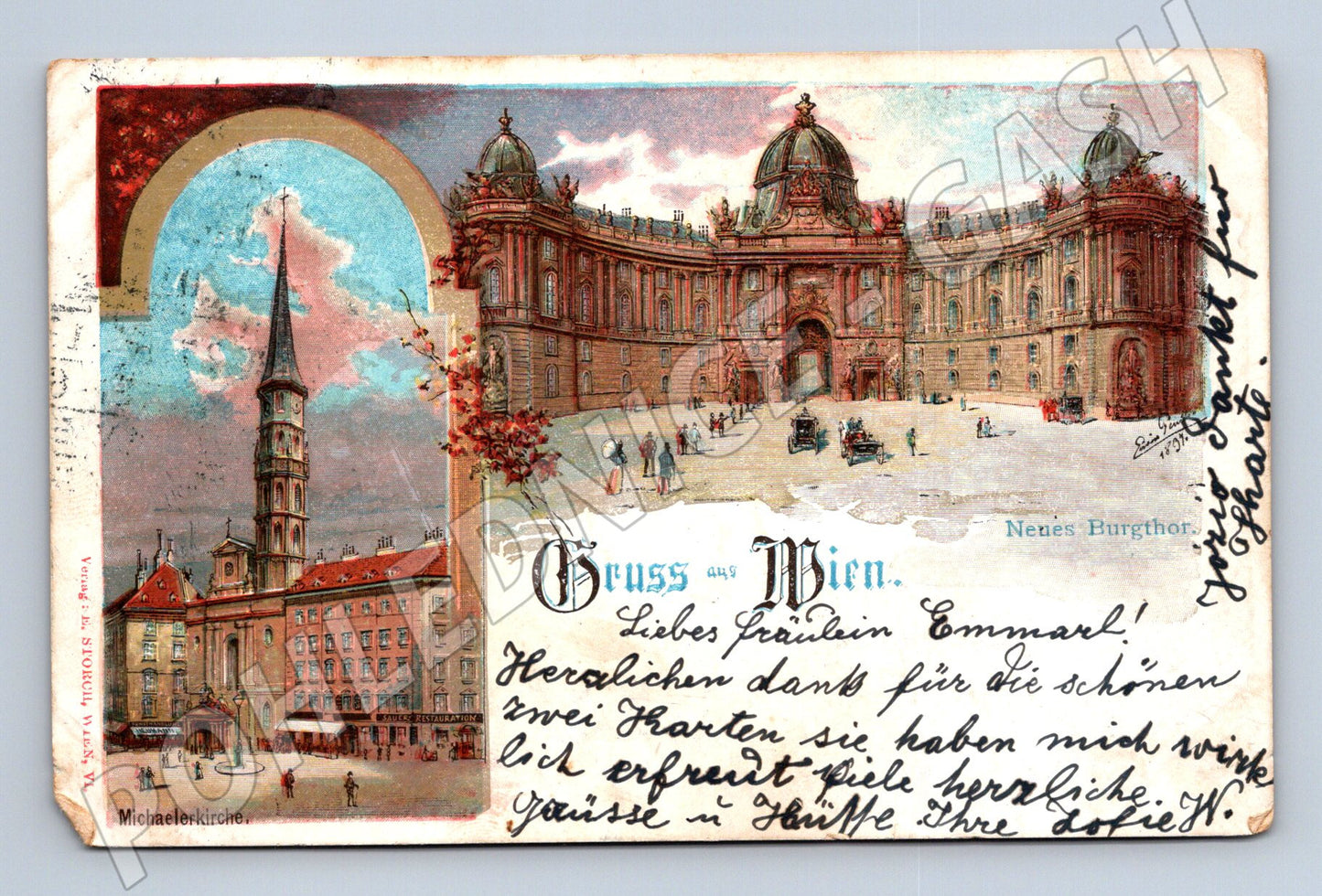 Pohlednice Vídeň Michaelerkirche Burgthor 1901 barevná známka (M16339)