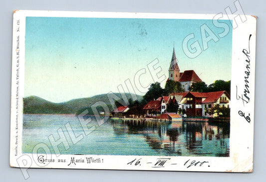 Pohlednice Maria Wörth 1908 historická Rakousko jezero kostel (M16350)