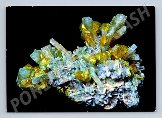 Pohlednice NDR síra na aragonitu Sicílie Itálie mineralogie (M16375)