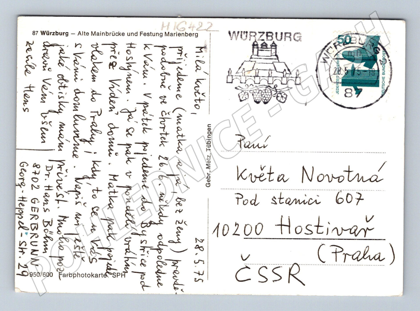 Pohlednice Würzburg Alte Mainbrücke pevnost Marienberg 1987 (M16422)