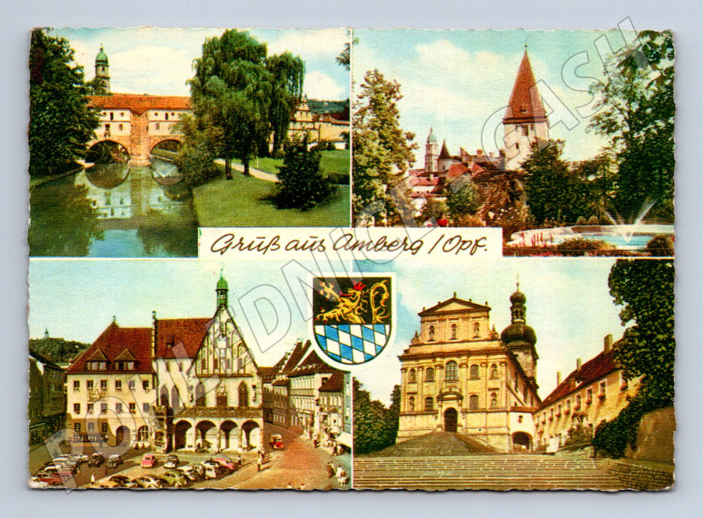 Pohlednice Amberg Německo prošlá koláž památek známky (M16442)