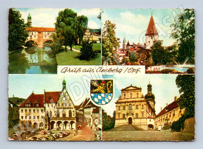 Pohlednice Amberg Německo prošlá koláž památek známky (M16442)