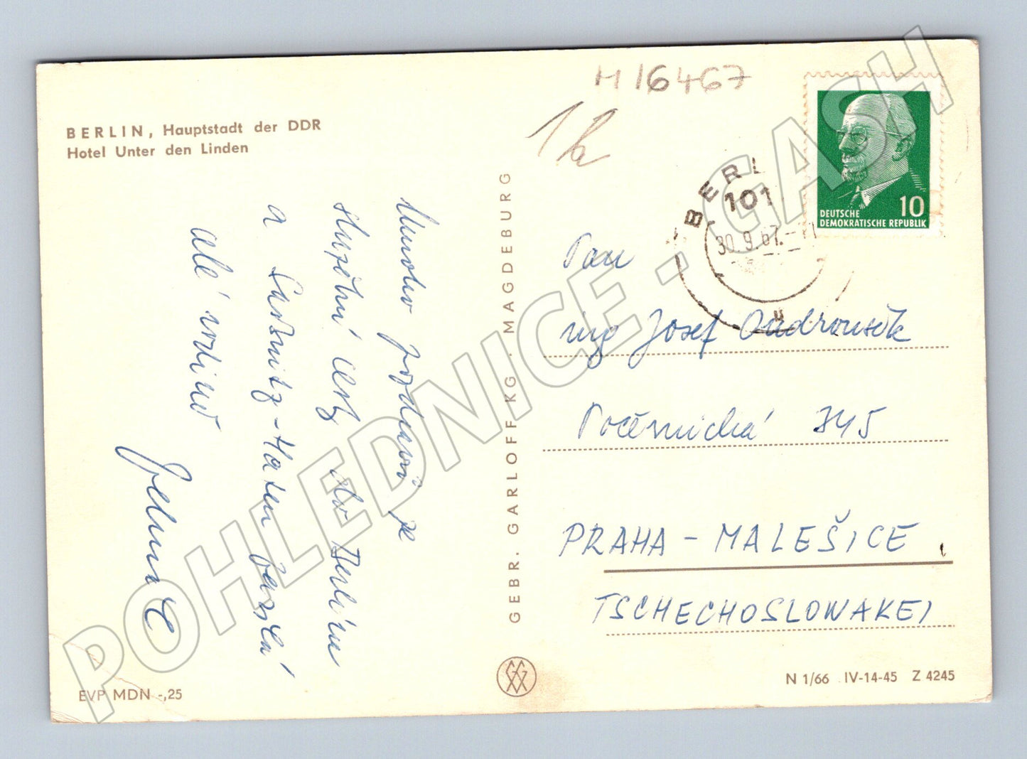 Pohlednice Berlín Unter den Linden hotel 1967 prošlá poštou (M16467)