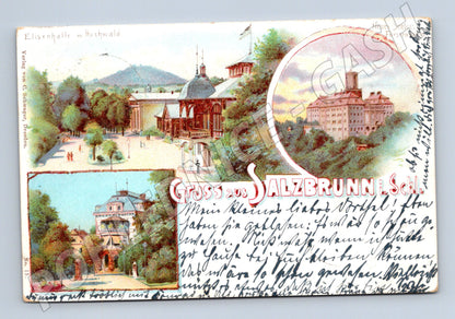Pohlednice Pozdrav z lázní Salzbrunn kolorovaná 1898 (M16503)