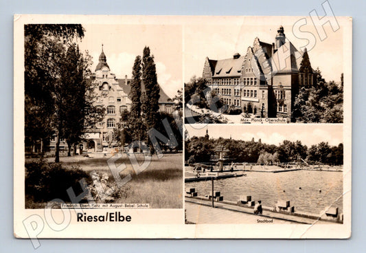 Pohlednice Riesa Elbe DDR historická školy koupaliště (M16511)
