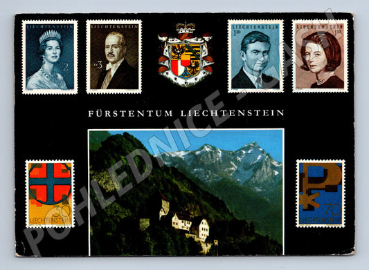 Pohlednice Liechtenstein rodina hrad známky 60. léta (M16708)