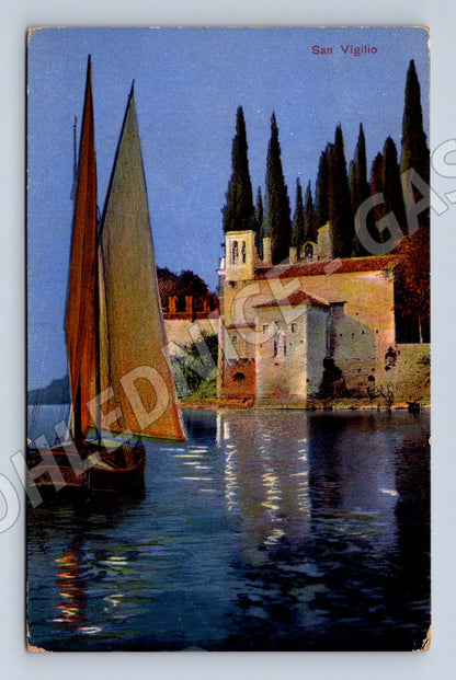 Pohlednice San Vigilio Itálie jezero loď malba (M16717)