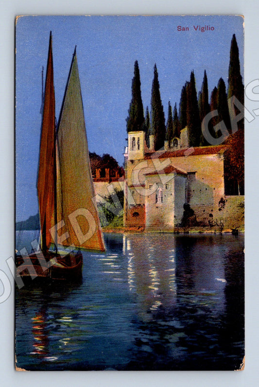 Pohlednice San Vigilio Itálie jezero loď malba (M16717)