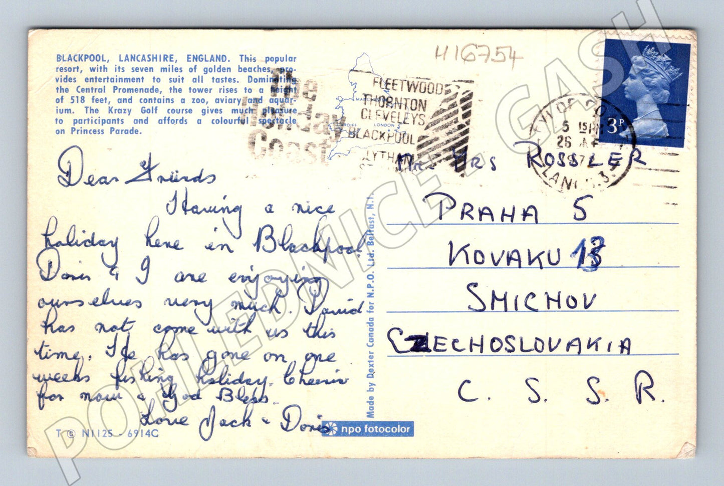 Pohlednice Blackpool Tower Anglie do Prahy 60. léta (M16754)