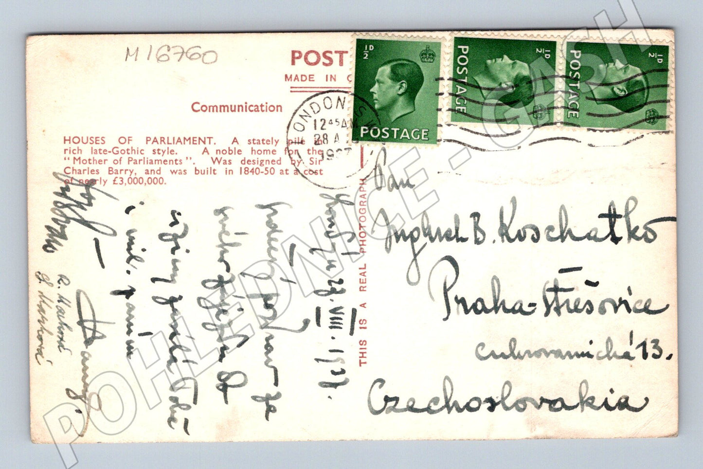 Pohlednice Londýn Houses of Parliament 1954 do ČSR (M16760)