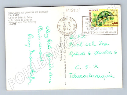 Pohlednice Paříž Eiffelova věž a Seina letecký pohled 1972 (M16801)