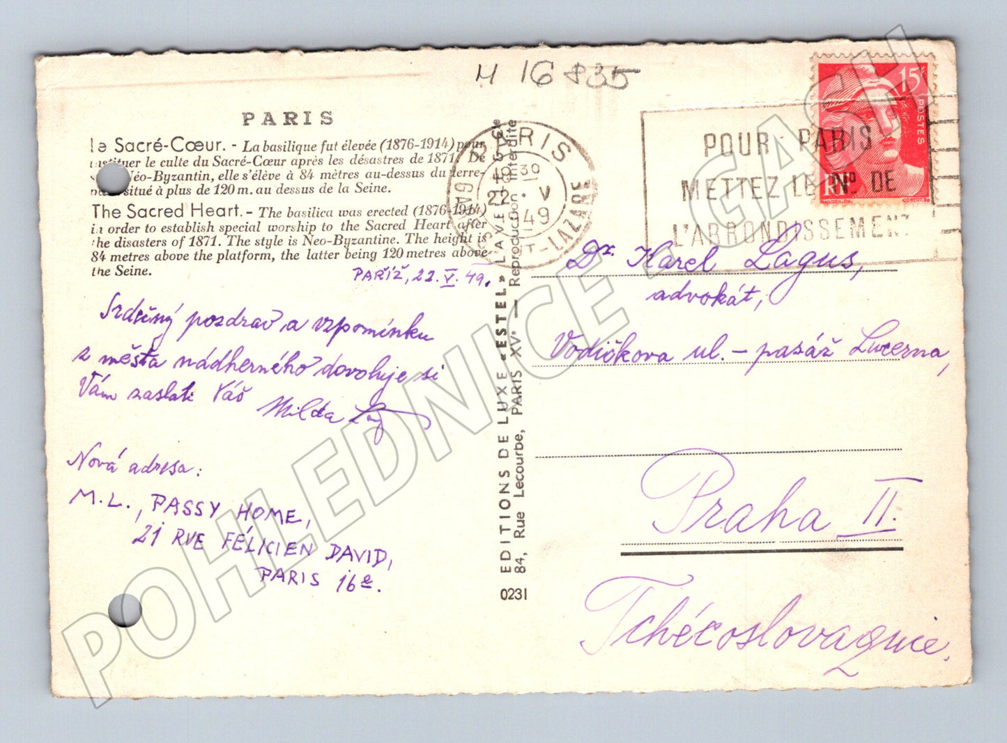 Pohlednice Paříž Sacré Cœur 1949 zaslaná (M16835)