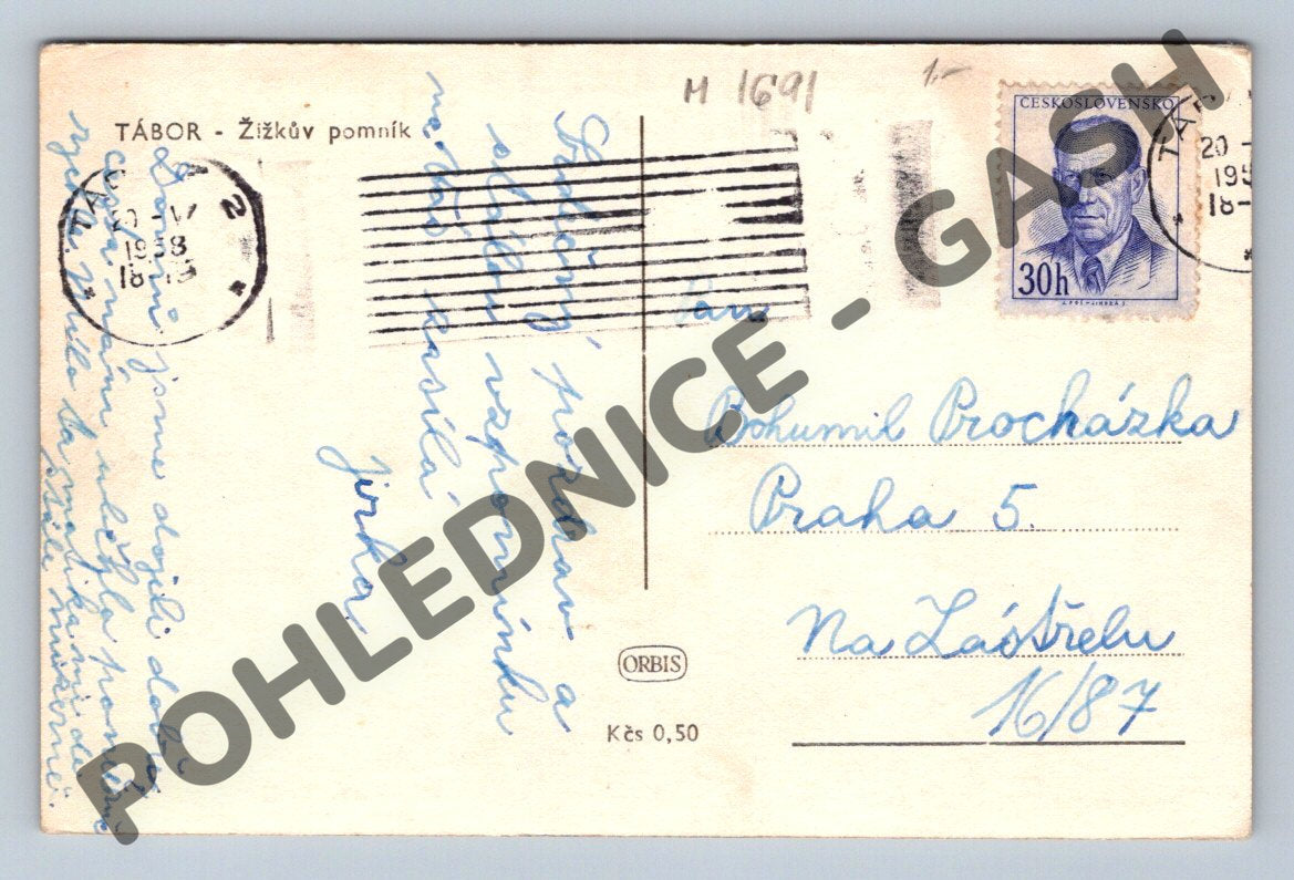 Pohlednice Tábor Žižkův pomník hotel Beseda 1953 (M1691)