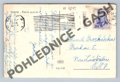 Pohlednice Tábor Žižkův pomník hotel Beseda 1953 (M1691)