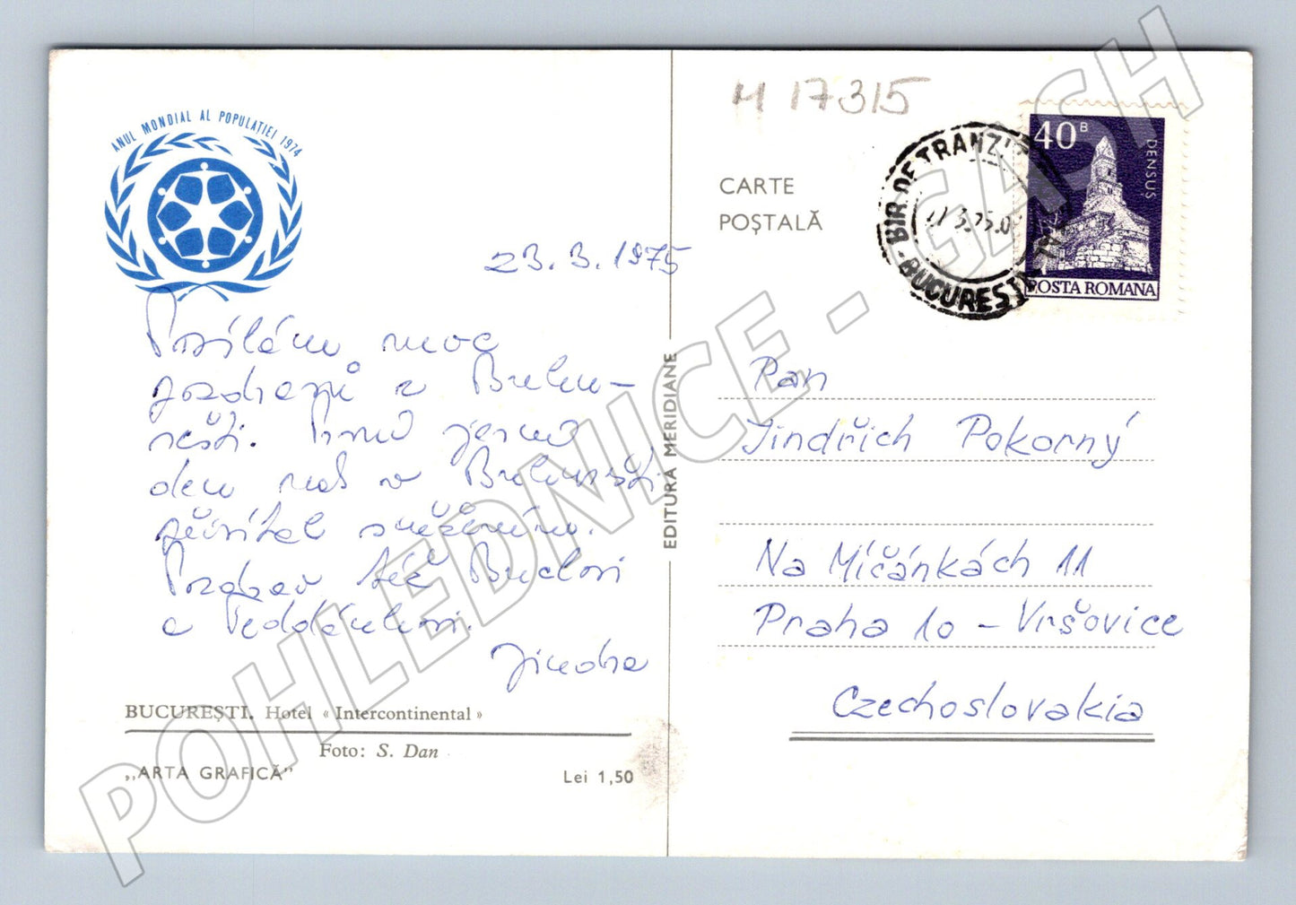 Pohlednice Bukurešť Intercontinental 1975 (M17315)