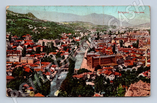 Pohlednice Sarajevo panorama 1910 razítko známky (M17423)