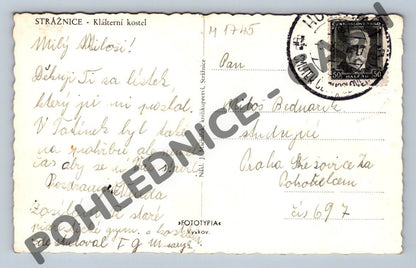 Pohlednice Strážnice – Klášterní kostel, prošlá poštou 1945 (M1745)
