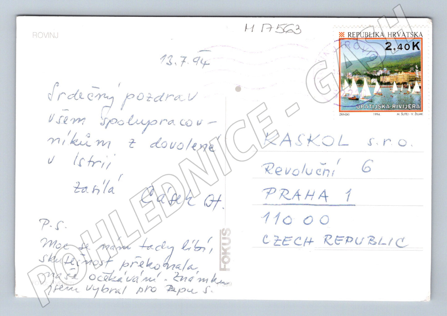 Pohlednice Rovinj přístav lodě 1994 prošlá poštou (M17563)