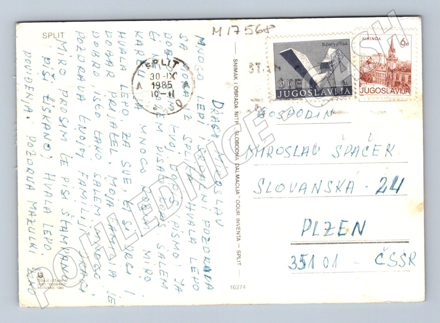 Pohlednice Split Jugoslávie 1985 plachetnice známka (M17568)