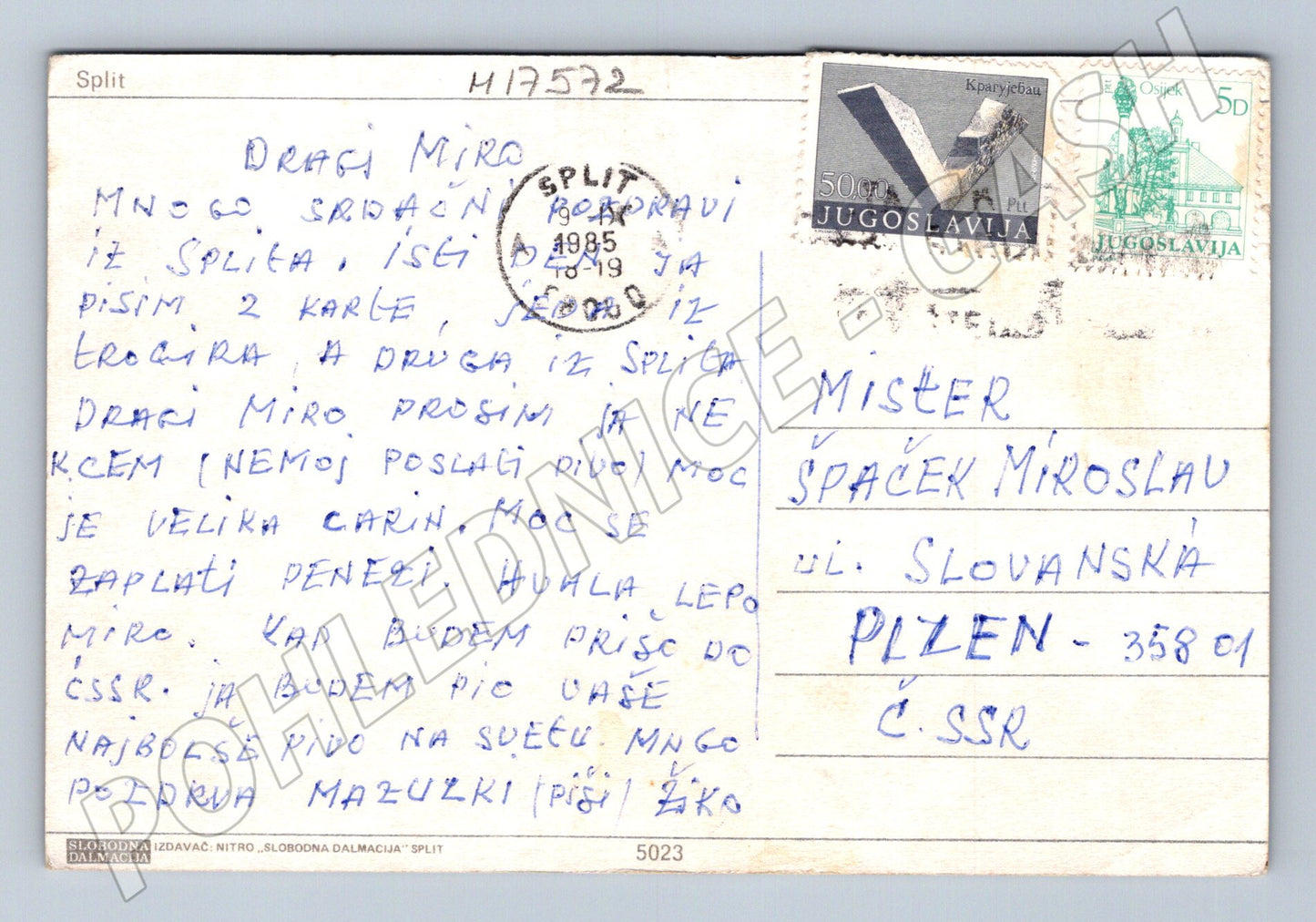 Pohlednice Split Jugoslávie 1985 přístav lodě razítko (M17572)