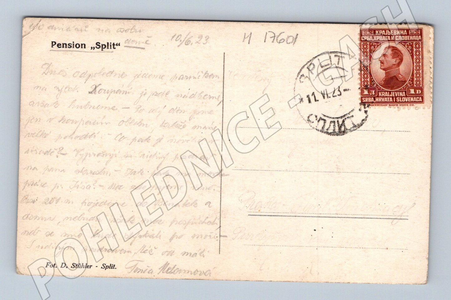 Pohlednice Pension Split Jugoslávie 1923 prošlá (M17601)