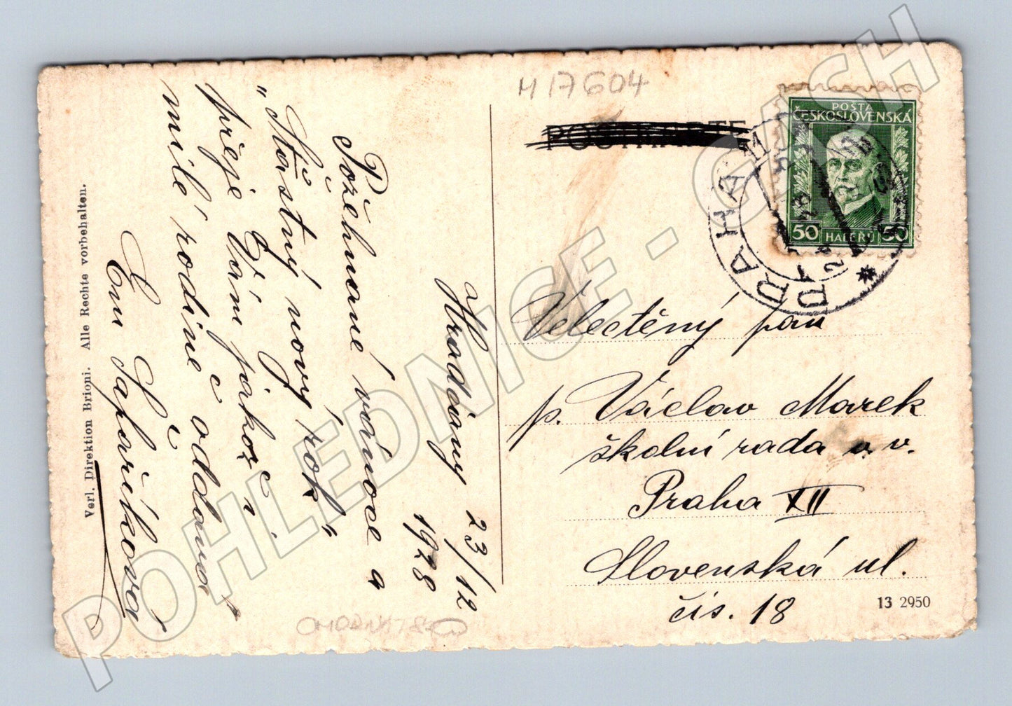 Pohlednice Insel Brioni Val Maria 1928 zaslaná do Prahy (M17604)