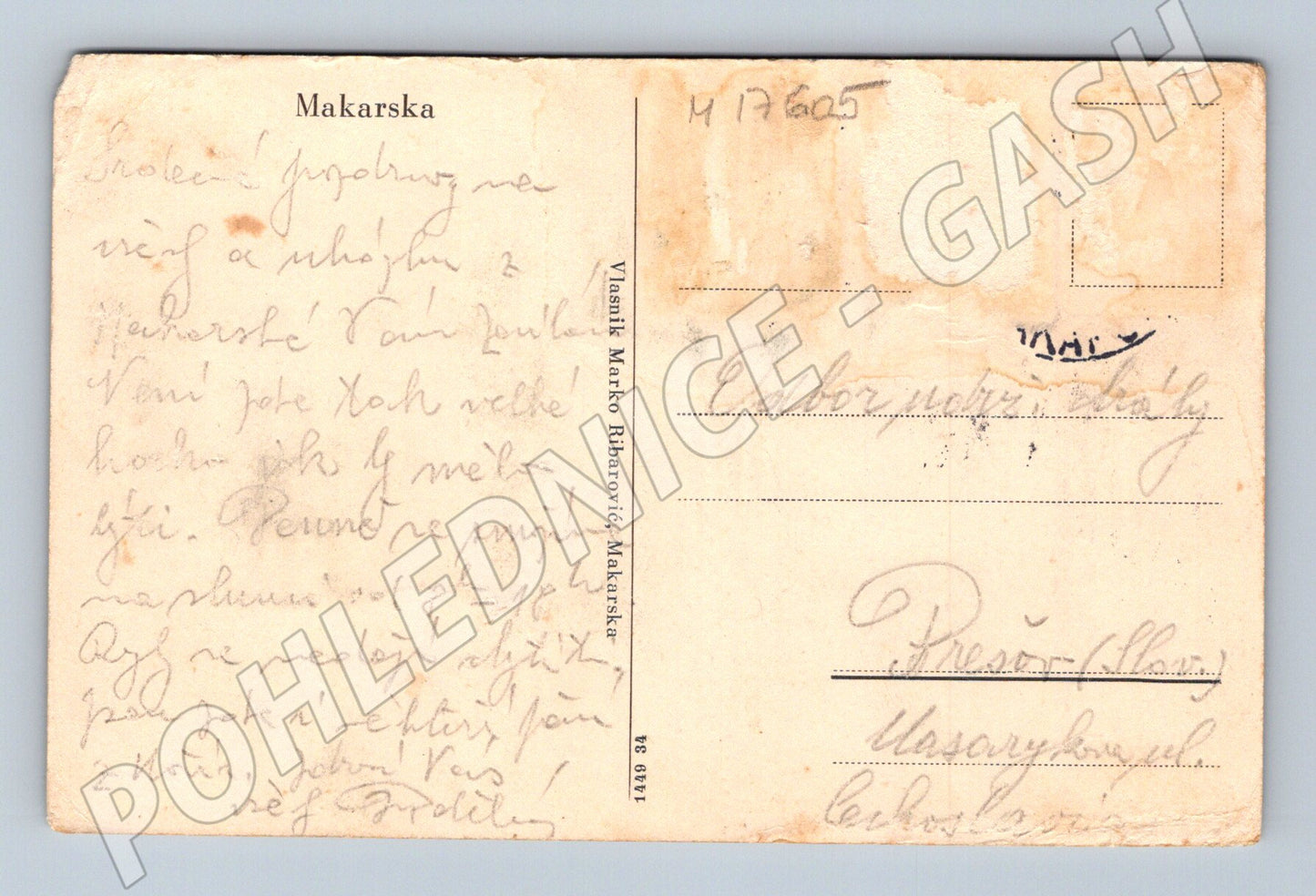 Pohlednice Makarska černobílý pohled popsaná stará (M17605)