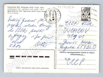 Pohlednice Gagra Abcházie pelikáni u jezírka SSSR 1984 (M17657)