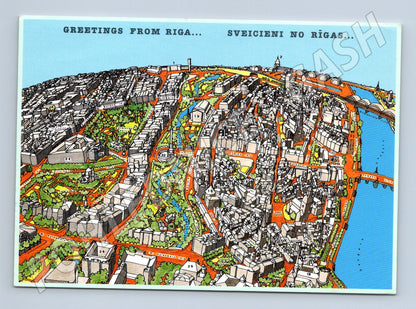 Pohlednice Riga Lotyšsko kreslené panorama Latvia From Above (M17674)