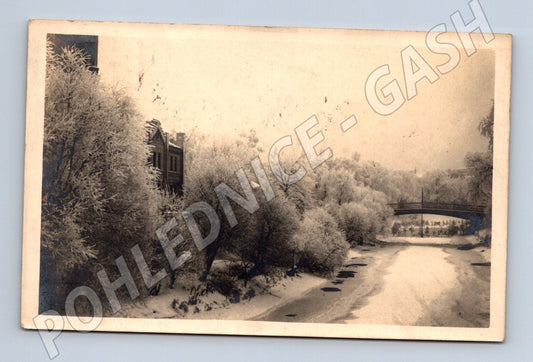 Pohlednice zimní krajina s mostem Británie do ČSR 1921  (M17840)