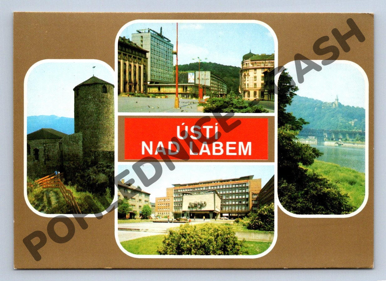 Pohlednice Ústí nad Labem koláž hrad Střekov retro (M183)