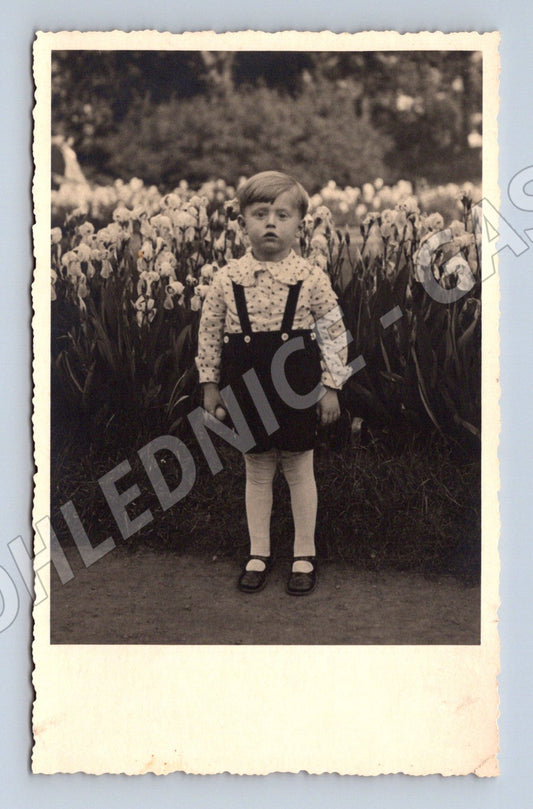 Pohlednice chlapec v květinách malý formát cca 1940s (M18472)