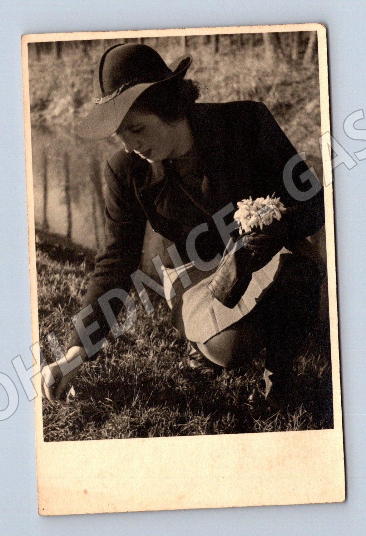 Pohlednice žena sbírající květiny Kodak vintage (M18569)