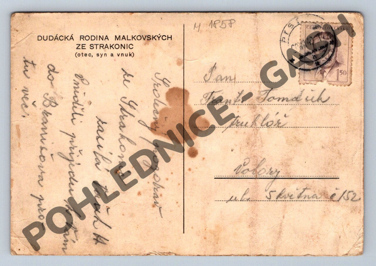 Pohlednice Strakonice dudácká rodina Malkovských 1958 (M1858)