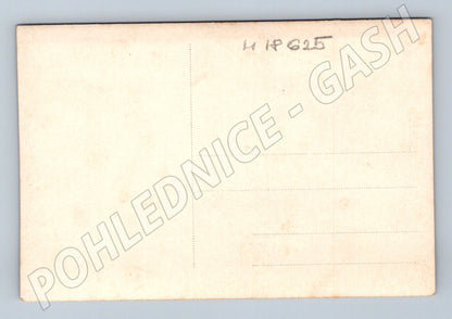 Pohlednice muž a dítě před domem černobílá do 1950 (M18625)