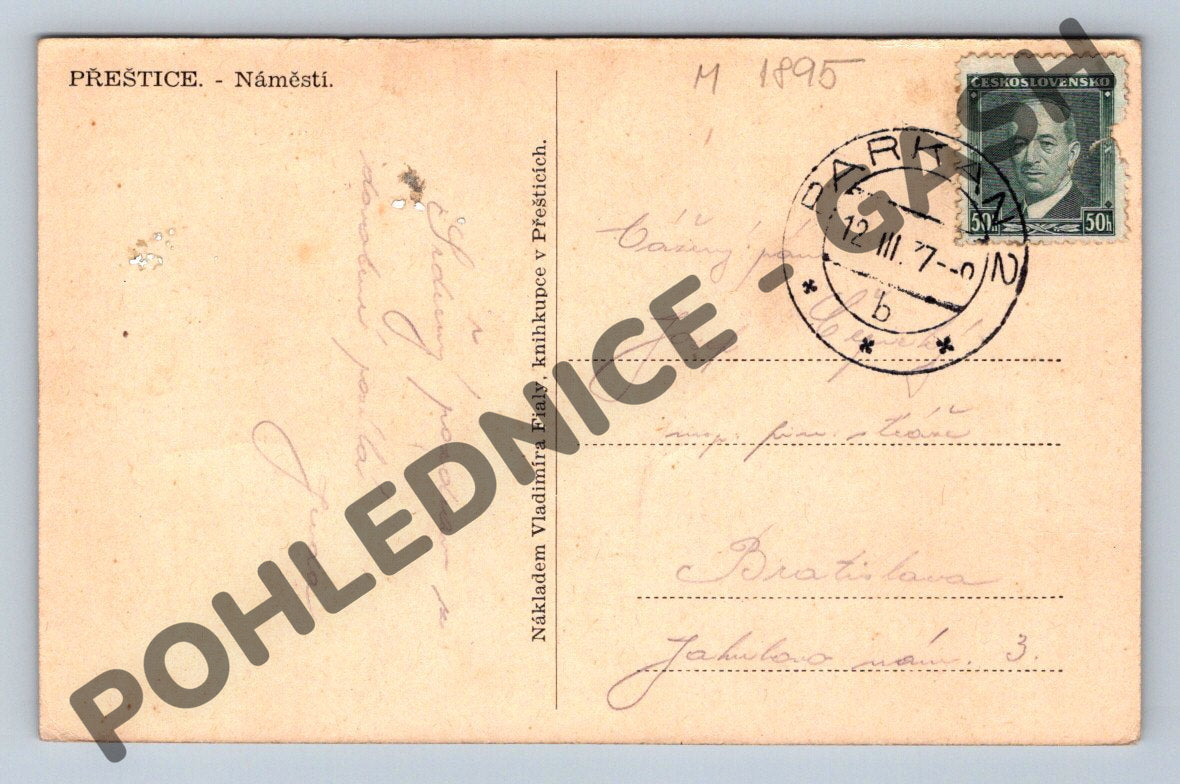 Pohlednice Přeštice náměstí ČB (M1895)