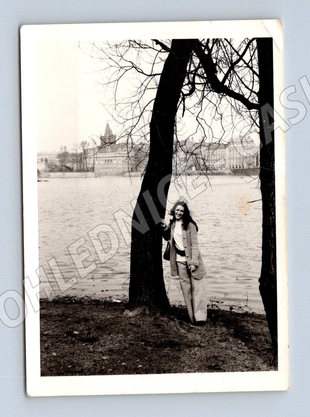 Pohlednice žena u stromu řeka město 1974 (M19011)