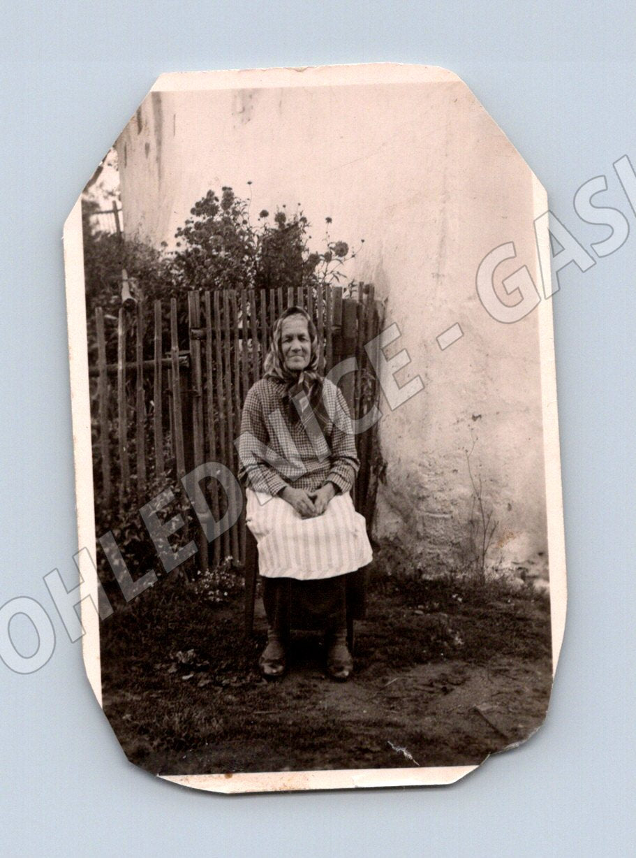 Pohlednice venkovská žena u chalupy etnografie (M19073)