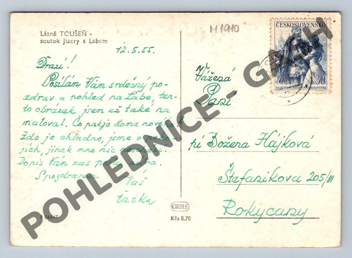 Pohlednice Lázně Toušeň soutok Jizery Labe 1955 (M1910)