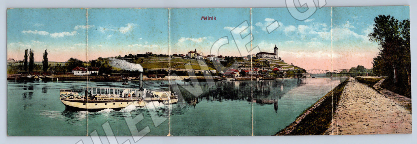 Pohlednice kolorovaný rozkládací parník na řece Mělník zámek  (M19134)