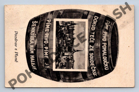 Pohlednice Plzeň motiv pivní soudek 1918 (M1918)