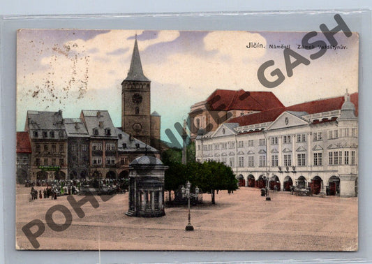 Pohlednice Jičín náměstí Valdštejnský zámek kolorovaná (M1924)