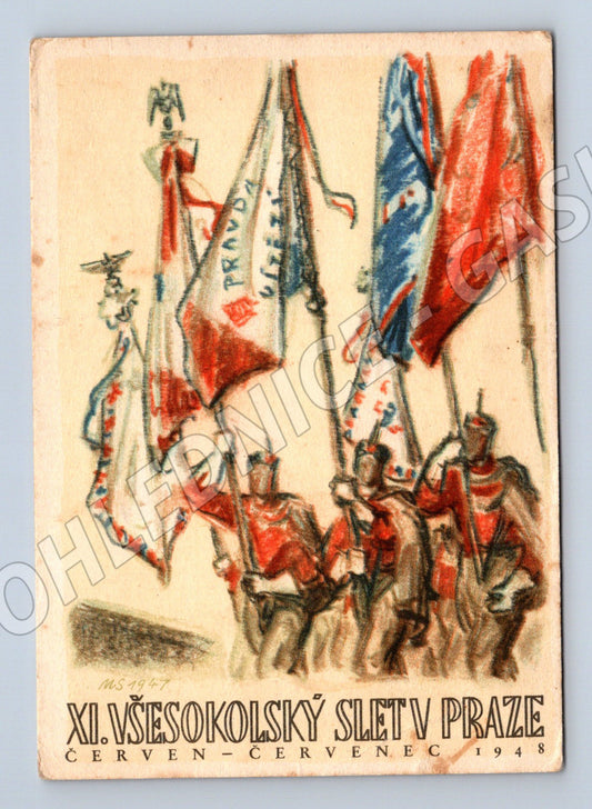 Pohlednice XI Všesokolský slet Praha Sokolové s prapory (M19255)