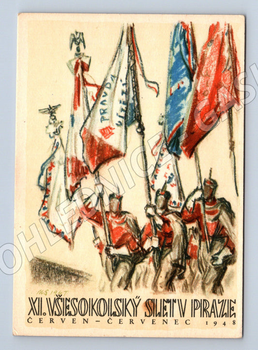 Pohlednice XI všesokolský slet Praha kreslený motiv známka na (M19260)