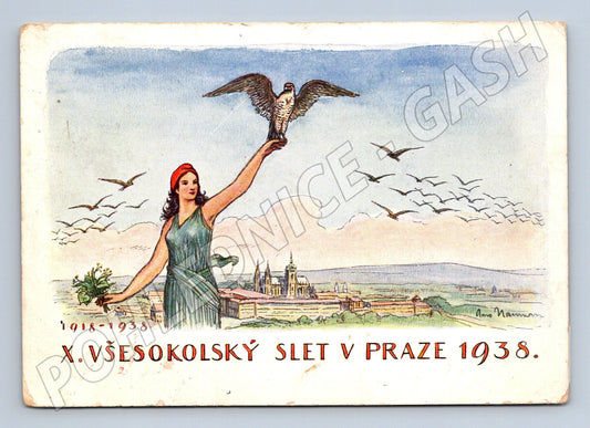 Pohlednice X. všesokolský slet Praha razítko známka malý form (M19273)