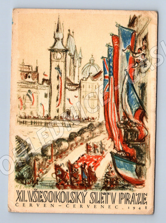 Pohlednice XI všesokolský slet Praha původní ilustrace (M19275)